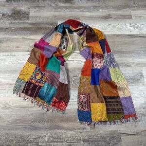Vintage Patchwork Scarf Multicolor Boho Kantha Style Fringe Wrap